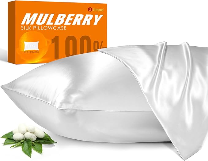 100% Mulberry Silk Pillowcase for Hair and Skin, 22 Momme Pure Natural Silk Pillow Case Both Sided with Zipper, Pillow Cover for Women Mom Men (White, Standard 20''×26'', 1 Pack)