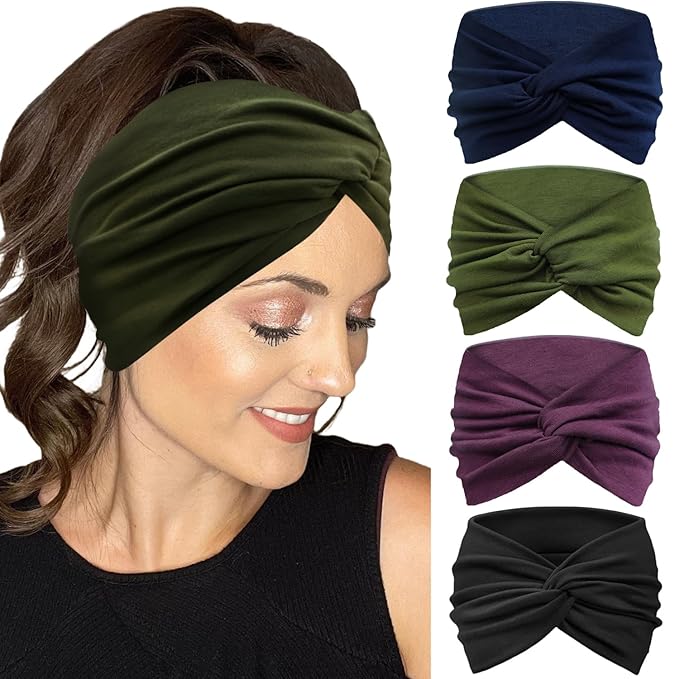 IVARYSS Extra Wide Headbands for Women Non-Slip, 7'' Large Twist Knotted Stretchy Wraps Head Bands Hair Accessories, 4 Pack, Solid Color