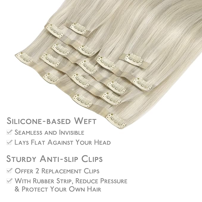 WENNALIFE Seamless Clip In Hair Extensions, 14 Inch 7pcs 130g Ash Blonde Highlighted Platinum Blonde Hair Extensions Clip In Real Human Hair Extensions Clip In Invisible PU Weft Human Hair Extensions