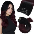 Moresoo Clip in Hair Extensions Ombre Black to Wine Red Double Weft Real Hair Clip in Extensions Balayage Black to Burgundy 7Pcs/120G 22inch