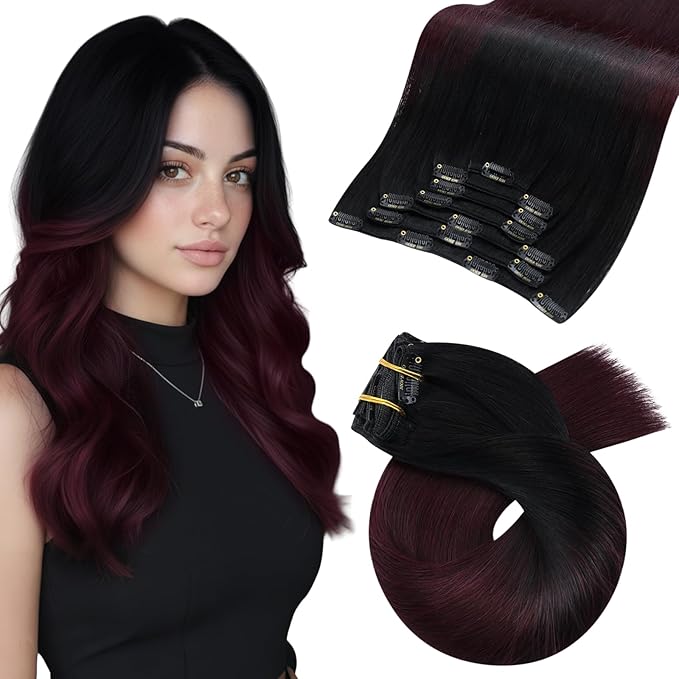 Moresoo Clip in Hair Extensions Ombre Black to Wine Red Double Weft Real Hair Clip in Extensions Balayage Black to Burgundy 7Pcs/120G 22inch