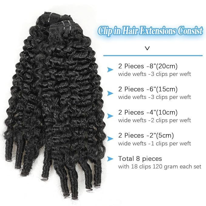 Burmese Curly Clip in Hair Extensions Real Human Hair, 8Pcs Remy Human Hair Clip in Extensions for Women, Natural Soft Human Hair, 120g 26inch #1B Natural Black