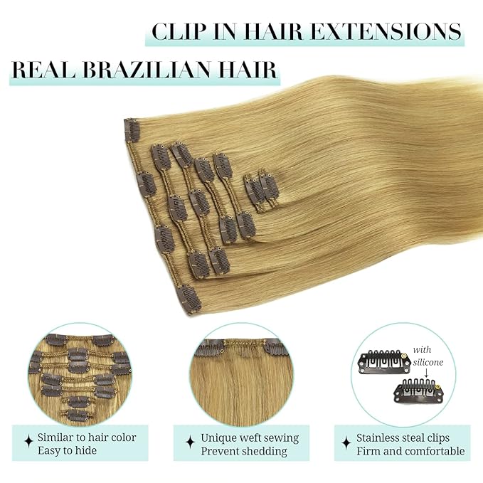 DOORES Clip in Hair Extensions Real Human Hair, Dirty Blonde 14 Inch 7pcs 100g, Remy Clip ins Extensions Thick Silky Straight Weft