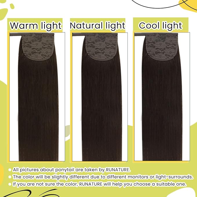 RUNATURE Dark Brown Ponytail Extension Real Hair, 20 Inch Ponytail Extension Human Hair, Long Straight Human Hair Ponytail, Remy Natural Hair, Add Length, 80g #2 Dark Brown