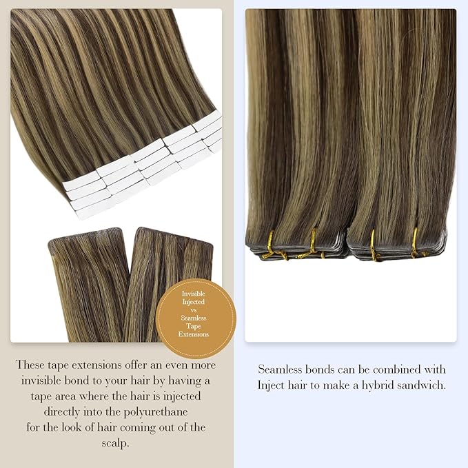 Full Shine Injection Virgin Tape in Hair Extensions Color BM Tape ins Human Hair Extensions Invisible Real Human Hair 20Inch Double Sided Brazilian Natural Straight Hair for Women 12.5G 5Pcs