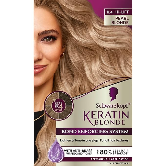 Schwarzkopf Keratin Blonde Hair Dye, 11.4 High Lift Pearl Blonde, Professional Quality Permanent Hair Color, Bond Enforcing System, Pre-Color Serum & Purple Conditioner Included