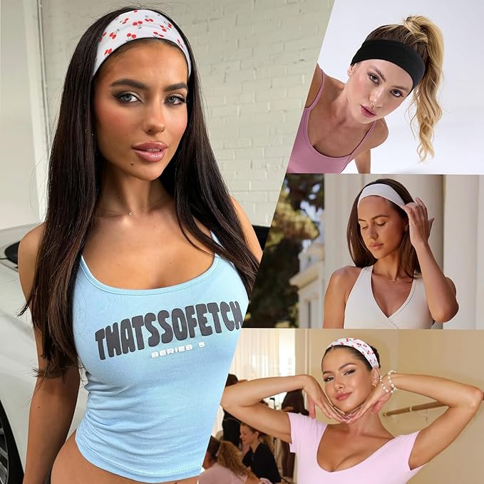 TERSE Headbands for Women Trendy Cherry Print - Non Slip Head Bands Soft Fabric Hair Bands for Workout Yoga Running Sport - Wide Thick Hair Wrap for Girls