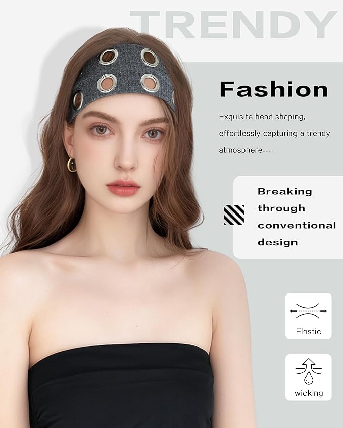 Grommet Headband for Women, Wide Grey 20cm Hollow Out Elastic Hair Band, Eyelets Punk Grunge Stylish Hairband