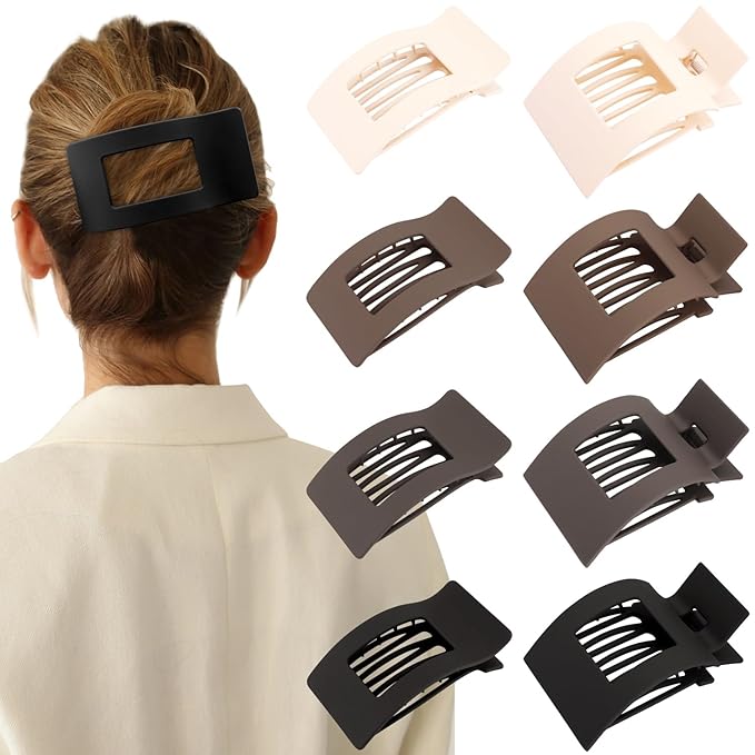 Velscrun Flat Hair Clips for Women Girls, 2 Styles 8 Pcs Lay Flat Claw Clips, Strong Hold French Duck Billed Large Side Hair Jaw Clip for All Hair Types, Non Slip Grip for Daily Styling Coffee Brown