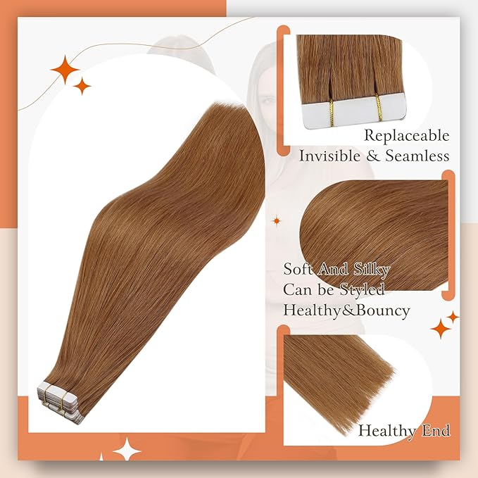 Full Shine Human Hair Tape in Extensions Color 330 Copper Brown Double Sided Tape in Hair Extensions Human Hair 14Inch Remy Hair Extensions 50Gram Seamless Skin Weft 20Pcs for Wedding