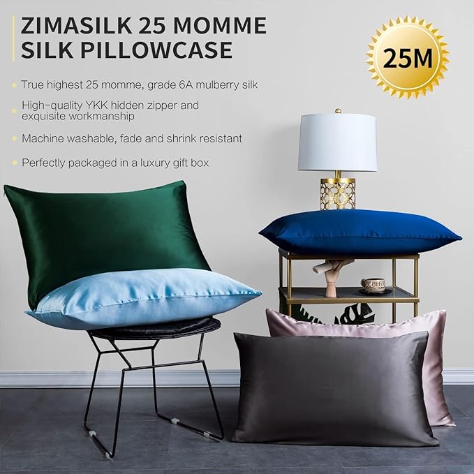ZIMASILK 25 Momme 100% Pure Mulberry Silk Pillowcase for Hair and Skin Care, Highest Grade 6A Pillow Cases for Women, Long-Lasting Durablity, Gift for Women Men, 1Pc (Standard 20"x26", Black)