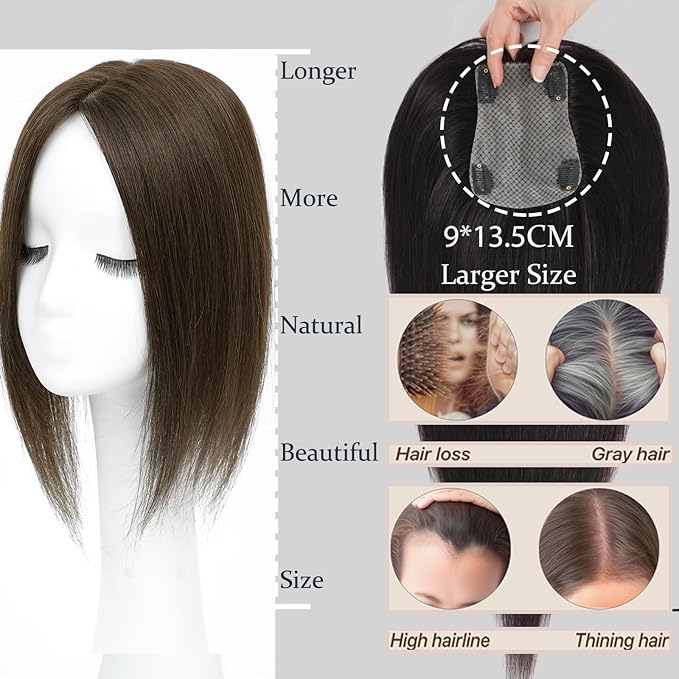 Hair Toppers for Women Real Human Hair, 360° 3D Human Hair Toppers for Women with Thinning Hair Upgrade Middle Part Clip in Bangs (Medium Brown, 14 Inch-3D-Side)