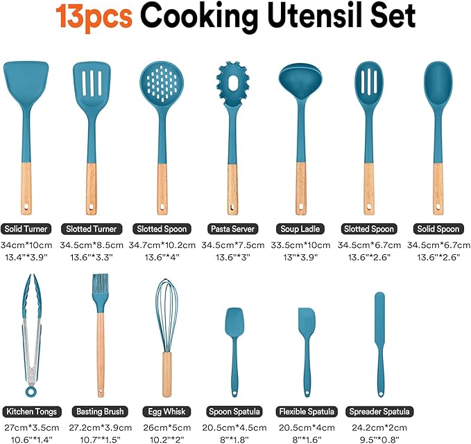 Kitchen Utensils Set, 13PCS Silicone Cooking Utensils, Heat Resistant Kitchen Utensil Spatula Set for Nonstick Cookware, Wooden Handles Kitchen Gadgets Tools Set (BLUE)