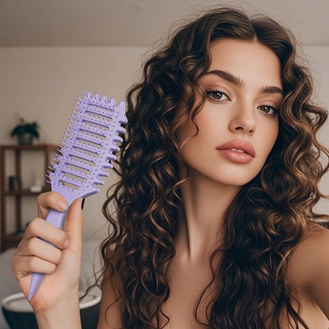 Curl Defining Brush, 4-in-1 Curly Hair Brush – Flexible Styling Brushes for Women and Men, Curls Detangling Hairbrush Featuring a Crescent Shape and Ultra-Smooth Bristles for Wet & Dry Hair - Purple