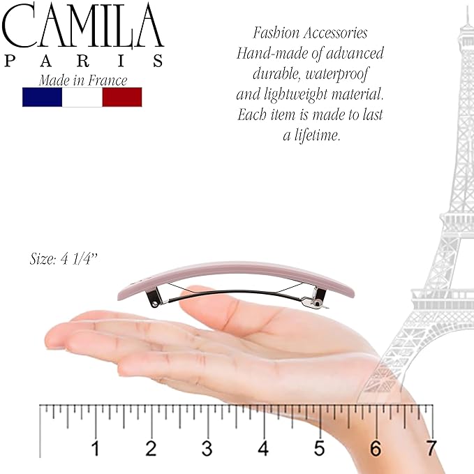 Camila Paris CP3446 French Hair Barrette Clip for Girls, Pink, Rubberized Automatic Clasp Strong Hold Grip Hair Clips for Women, No Slip and Durable Styling Girls Hair Accessories, Made in France