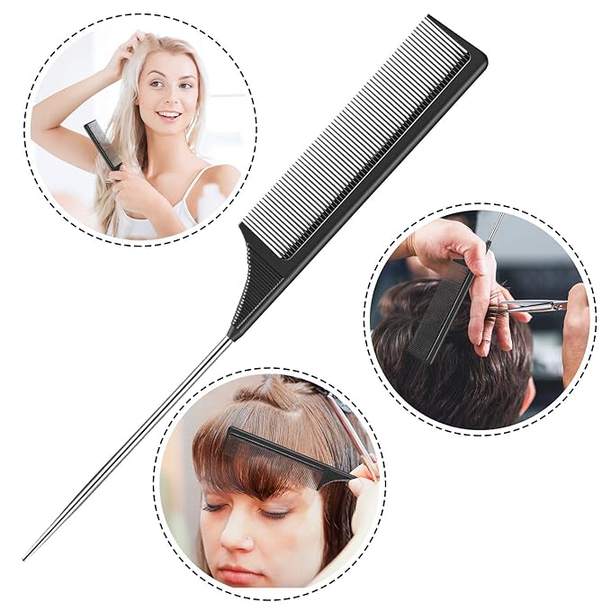 Leinuosen 2 Pack Rat Tail Combs with Parting Tip Steel Pin for Women Teasing Comb for Sectioning, Parting, Splitting, Styling Hair Stainless Steel Metal Pintail Carbon Fiber Heat Resistant