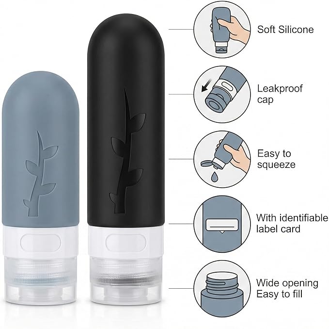 16 Pack Travel Bottles Set - TSA Approved Leak Proof Silicone Squeezable Containers for Toiletries, Conditioner, Shampoo, Lotion & Body Wash Accessories (Black)
