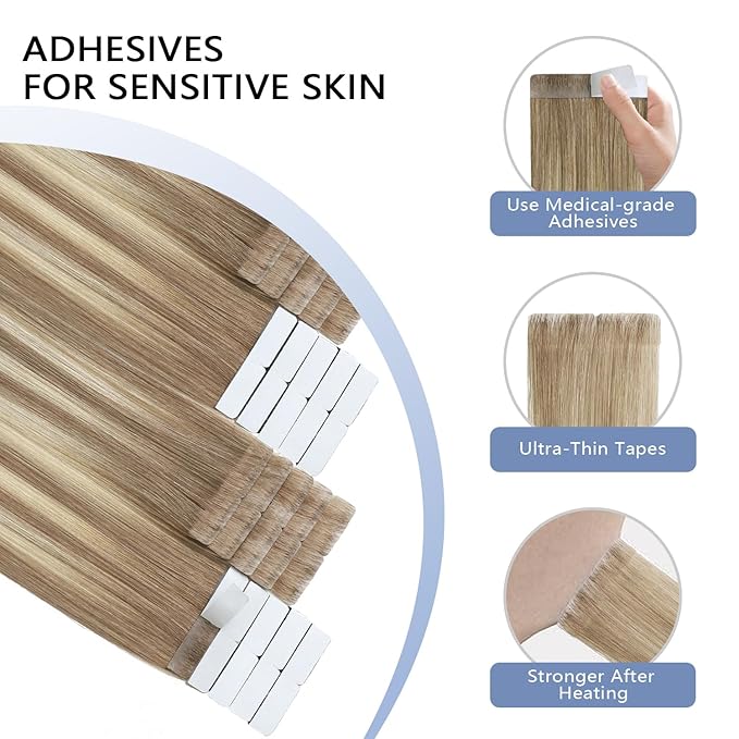 COOKAYU Invisible Tape in Hair Extensions Human Hair, Invisible Injected Tape in extensions Ash Brown to Platinum Blonde 16Inch 20pcs 35g Invisi Edge