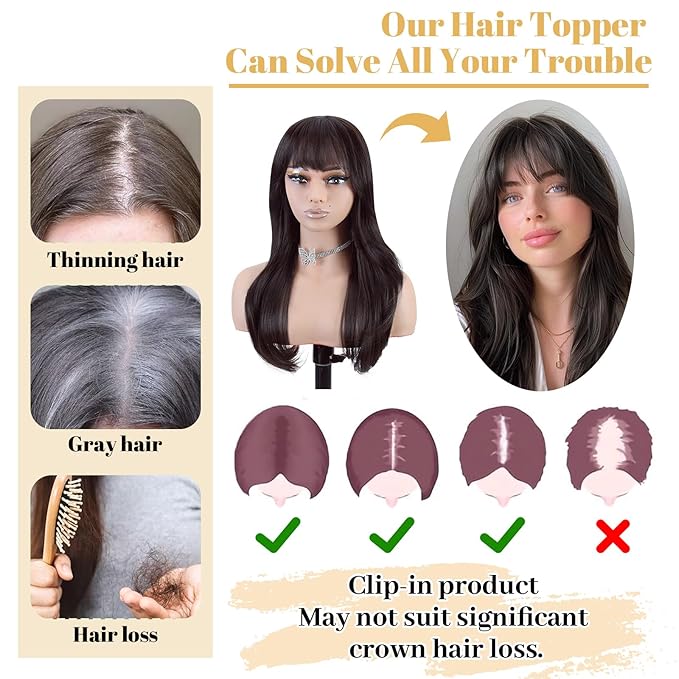 QUEENTAS 21" Curly Hair Topper for Women with Thinning Hair Daily Wear 360°3D Cover Up 6.5"*6" Fluffy Brown Body Wave Hair Pieces with Bangs(Dark Brown)