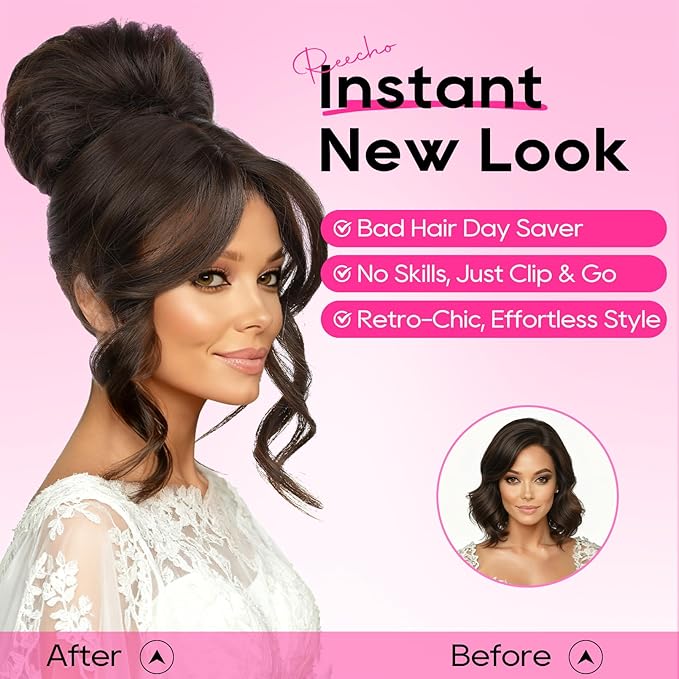 REECHO Messy Bun Hair Piece with Bangs – 2-in-1 Drawstring Ponytail Extension Updo Wig & Hair Topper with Long Side Bangs, Natural-Looking Hair Bun Hairpieces for Women - Chocolate Brown