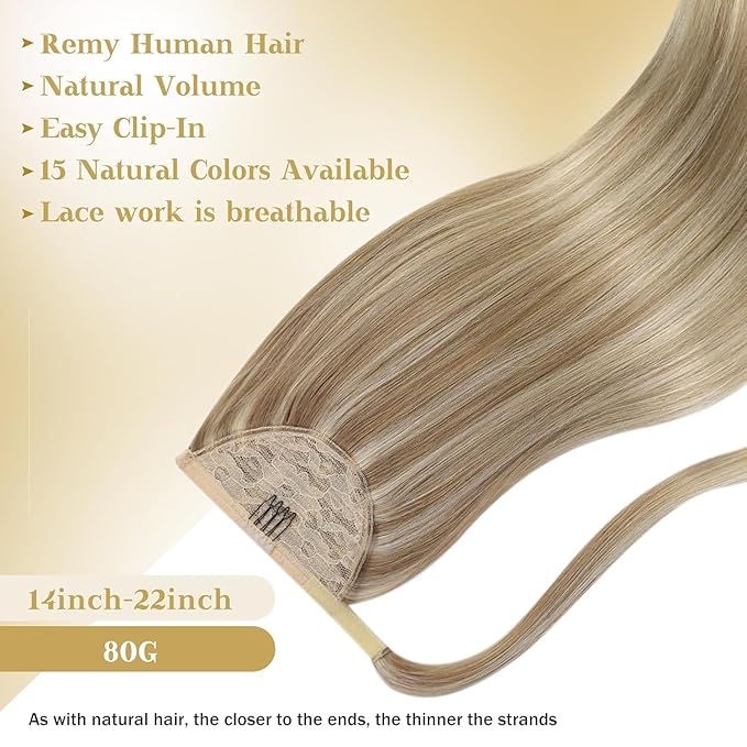 Ve Sunny Hair Extensions Ponytail Real Human Hair Wrap Around Clip in Ponytail Hair Extensions Straight Extensions Human Hair for Women Dark Blonde Highlights Golden Blonde 22inch 80G