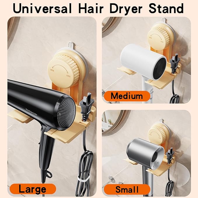 Universal Hair Dryer Holder,Blow Dryer Hanger Wall Mount for Hair Dryer Storage with Strong Suction Cup & Locking Latch + Plug&Cord Organizer,For Bathroom,Vanity,and Cabinet Door（Apricot）