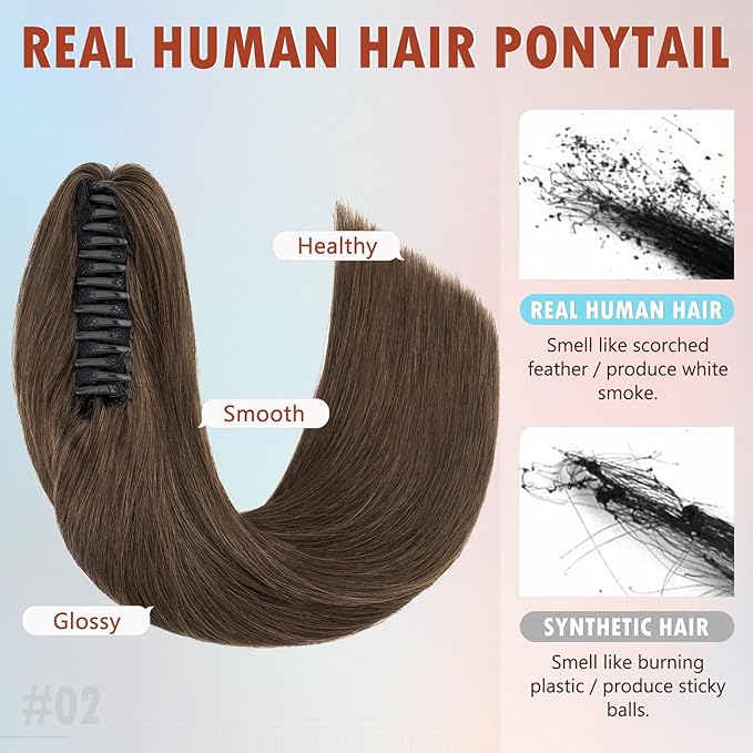 Hairro Claw Clip Ponytail Extension Human Hair Clip In Ponytail Jaw/Claw Jaw On Pony Tail Hairpieces For Women 18 Inch 115g #02 Dark Brown