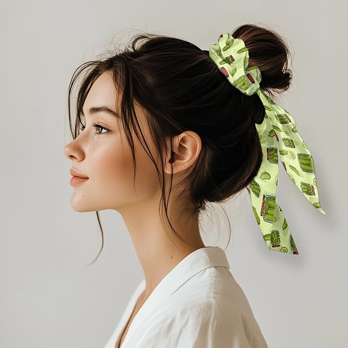 2 Pcs Light Green Yoga Hair Scrunchies with Ribbon Pickle Ribbon Scrunchies for Ponytail Womens Elastic Satin Hair Ties Knotte Bow