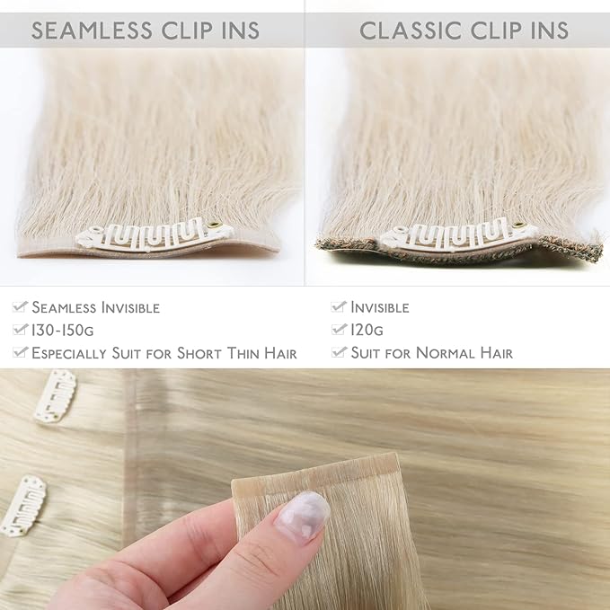 WENNALIFE Seamless Clip In Hair Extensions, 14 Inch 7pcs 130g Ombre Ash Blonde to Golden Blonde Balayage Platinum Blonde Hair Extensions Clip In Invisible PU Weft Real Human Hair Extensions Clip In