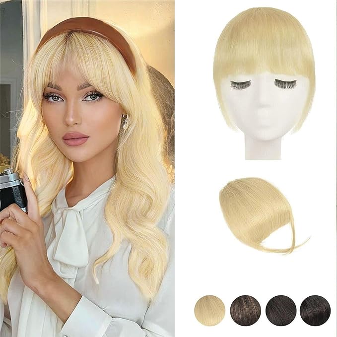 BARSDAR Real Human Hair Clip in Bangs - Human Hair Clip in Bangs for Women - Light Blonde French Bangs Extensions Fringe with Temples Dyeable Real Hair Bangs Hairpieces - Bleach Blonde