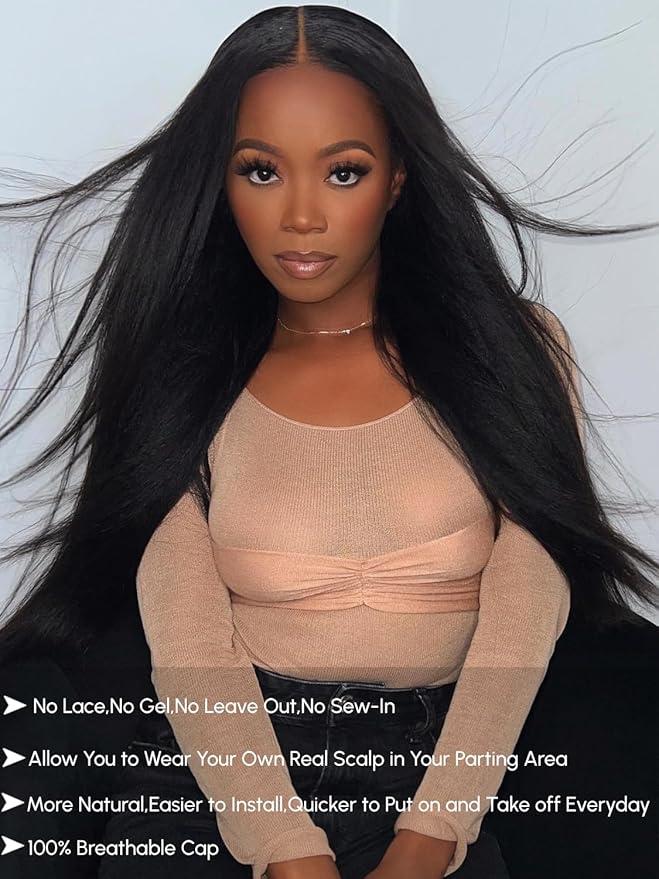 YIROO EasiContour V Part Wigs Human Hair Yaki Straight Human Hair Wigs No Leave Out Glueless Upgraded U Part Wigs for Women V Shape Clip in Vpart Wig No Sew in No Glue Beginner Friendly 16 inch
