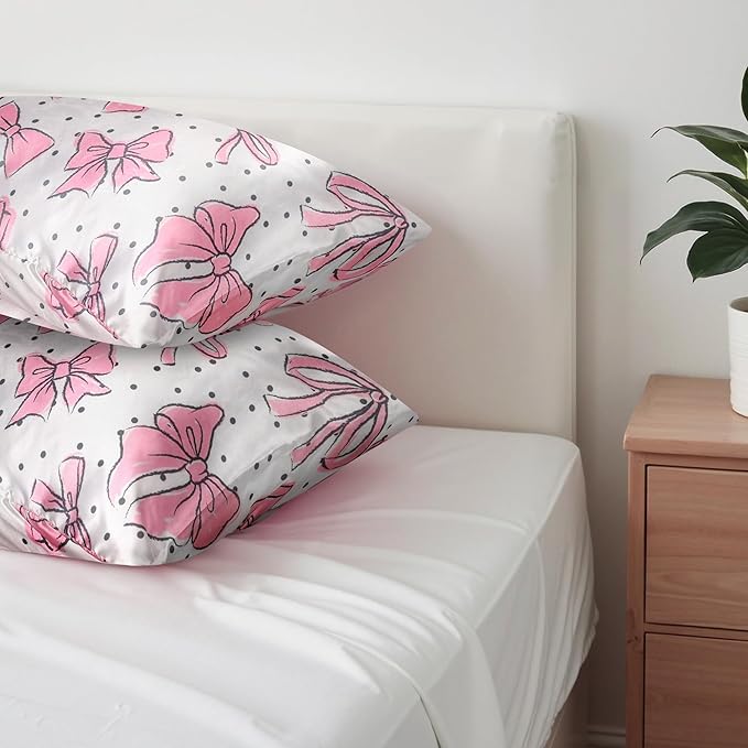 Bow Pink Satin Pillowcase for Hair & Skin Care, Standard Size Set of 2 - Luxurious Satin Pillow Cover with Envelope Closure(20x26 Inches)