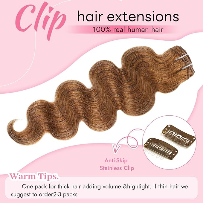 Clip in Hair Extensions Real Human Hair Body Wave 30 Auburn Ginger Clip in 100% Brazilian Remy Human Hair Extensions 8pcs Per Set with 18 Clips Double Weft 20 Inch 105g/3.6oz