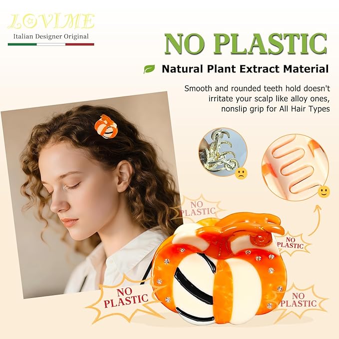Original Italian Designed Mini Hair Claw Clips for Women - Orange Pumpkin, Handmade Vintage Cute Fall Halloween Hair Accessories, Plant-Based Acetate, Gift Boxed