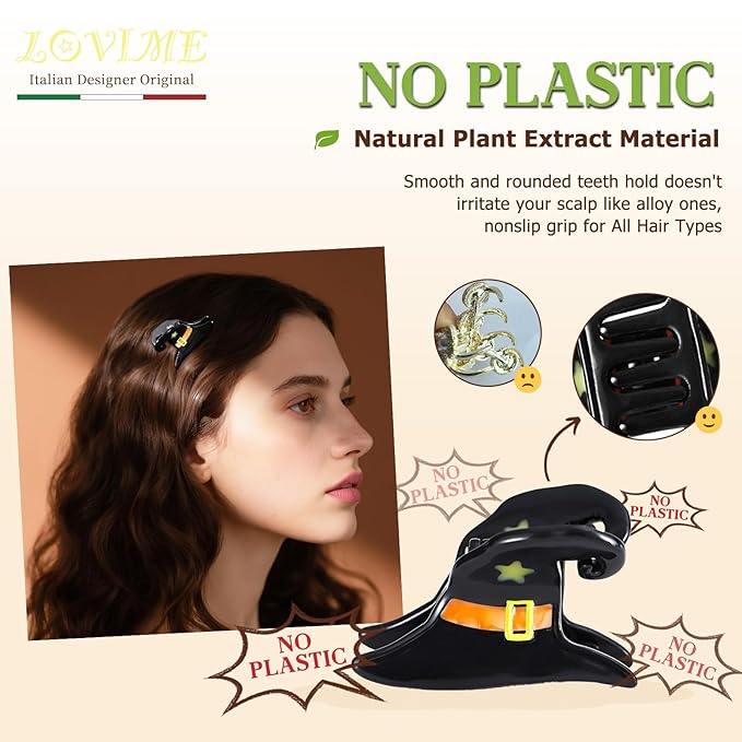 Original Italian-Designed Mini Hair Claw Clips for Women - Black Witch Hat, Handmade Cute Vintage Halloween Hair Accessories for Hair Deco, Plant-Based Acetate, Gift Boxed