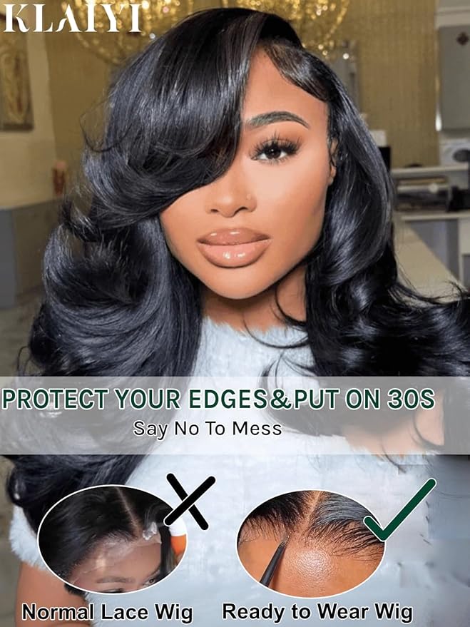 KLAIYI Pre Everything Glueless Layer Side Part Loose Body Wave 13x4 Lace Front Wigs Human Hair Drawstring Curtain Bangs Face framing Pre Bleached Knots Pre Plucked 3S Ready to Put On and Go Wig 20Inch