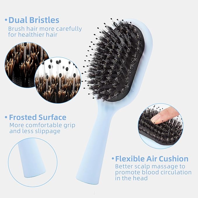 Boar Bristles Hair Brush for Women and Men, Detangling Hair Brush for Smoothing Massage Add Shine, Nylon&Boar Bristles Detangler brush for Hair Healthy (Medium-Blue)