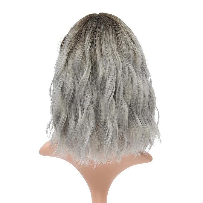 FAELBATY Grey Wigs with Bangs Women Girl's Ombre Grey Bob Wig Synthetic Cosplay Costume Wigs (12" Dark Root Ombre Grey)