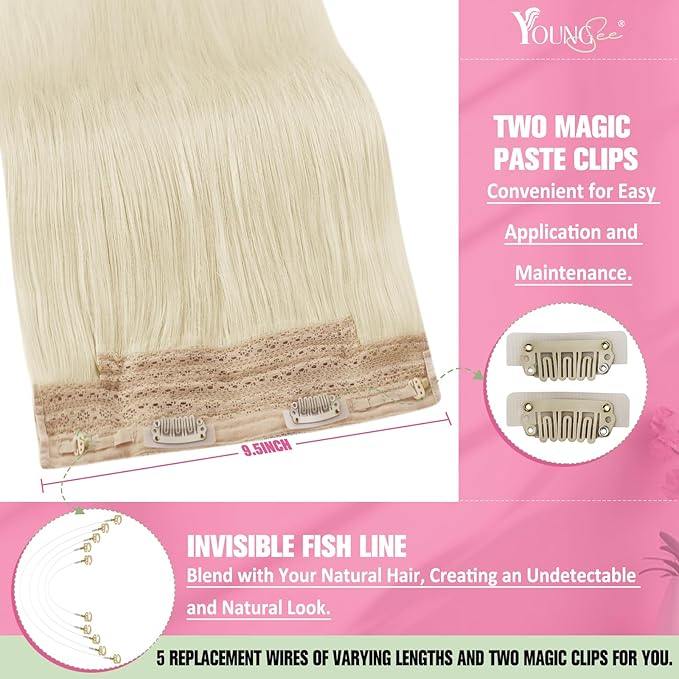 YoungSee Wire Hair Extensions Human Hair Platinum Blonde Wire Human Hair Extensions Blonde Can Be Dyed Fish Line Hair Extensions Real Human Hair 14Inch 80G