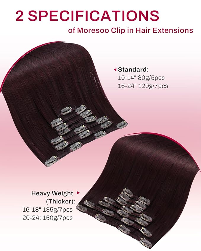 Moresoo Dark Red Clip in Hair Extensions Remy Human Hair 22 inch Red Hair Extensions Clip ins Burgundy Long And Straight 150g/7pcs 22in