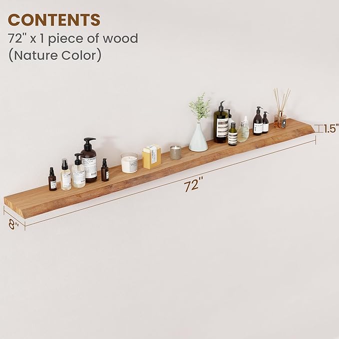 Floating Shelves for Wall Decor, Rustic Solid Elm Wood Live Edge Floating Shelves Wall Mounted, Wall Shelves with Invisible Bracket for Living Room Bathroom Bedroom Kitchen, 72 Inch, Natural