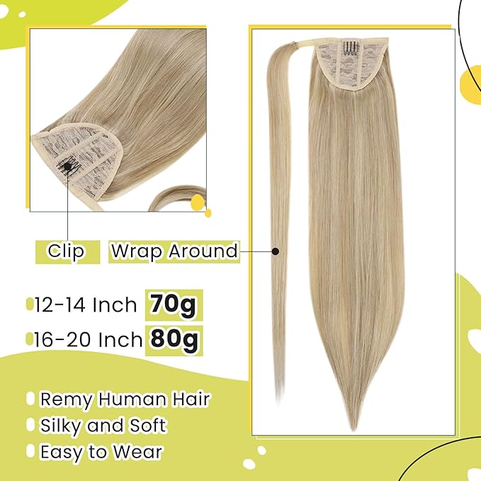 RUNATURE Ponytail Extension Human Hair, Real Hair Ponytail Extensions for Women, Natural Human Hair Ponytail with Magic Paste, 16 Inch 80g #16P22 Beige Blonde Highlights