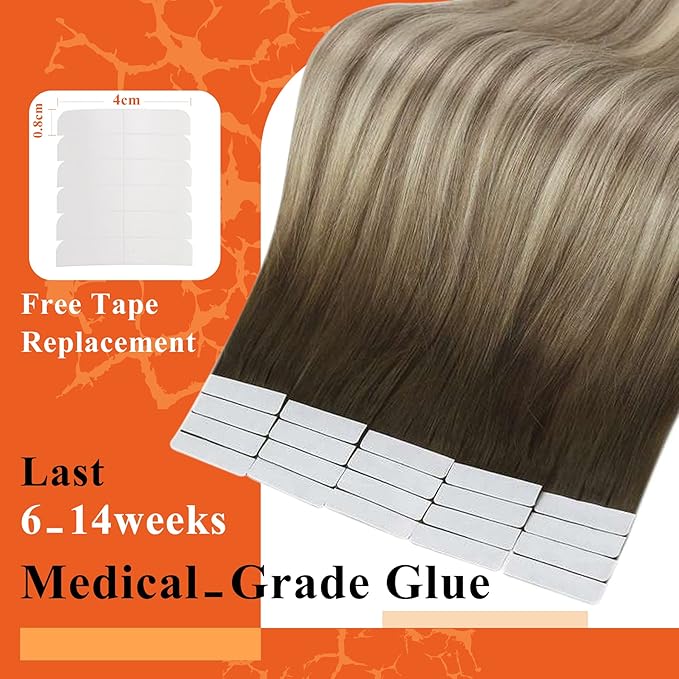 Full Shine Ombre Tape in Hair Extensions Human Hair 20Inch Brown to Blonde Highlighted Invisible Hair Extensions Real Human Hair Tape in 20Pcs 50Grams Seamless Skin Weft Hair Add Length