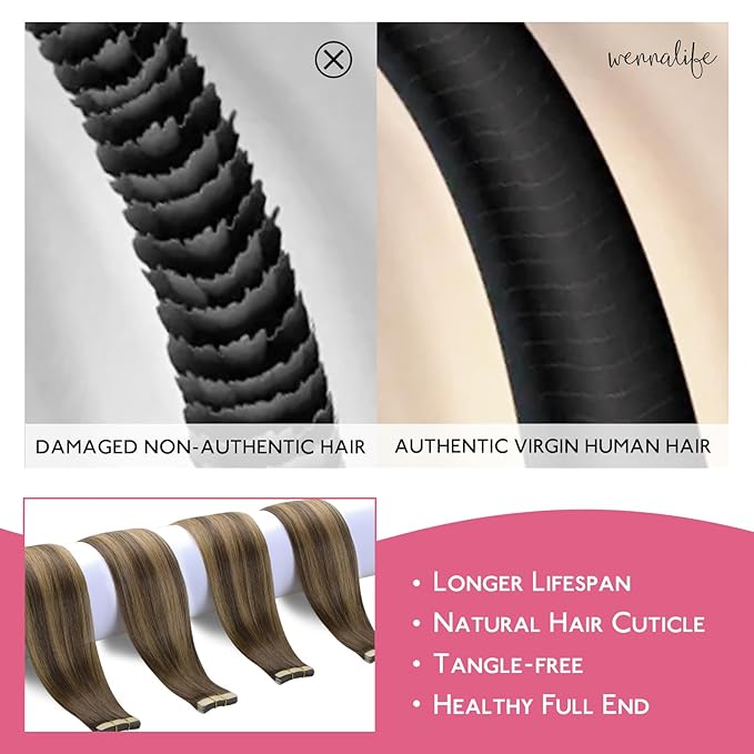 WENNALIFE Tape in Hair Extensions Human Hair Balayage Chocolate Brown to Caramel Blonde Tape in Extensions, 10pcs 25g 18 inch Remy Invisible Tape Ins Straight Soft Real Human Hair Tape in Extensions