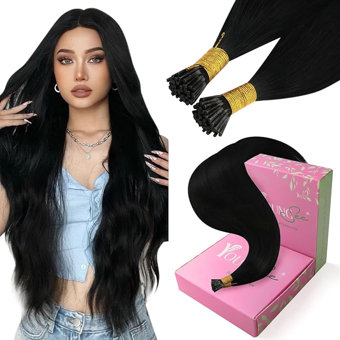 YoungSee I Tips Hair Extensions Human Hair Black Itip Hair Extensions Real Human Hair Jet Black 14 Inch 50g I Tip Hair Extension for Short Hair Easy to Wear 80s Remy Human Hair