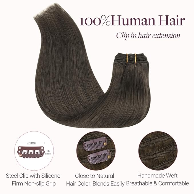 GOO GOO Clip in Hair Extensions Real Human Hair, Remy Human Hair Extensions Clip ins for Women, Natural Human Hair, 18inch 150g 9Pcs, 1C Mocha Brown