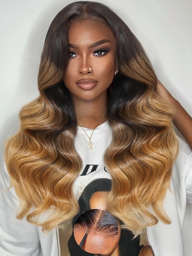 KLAIYI Ombre Highlight Blonde Loose Wave Pre Everything Glueless 13x4 Lace Front Wigs Human Hair Drawstring Balayage Brown Pre Cut Pre Plucked Bleached Ready to Wear and Go Wig with Dark Roots 26Inch