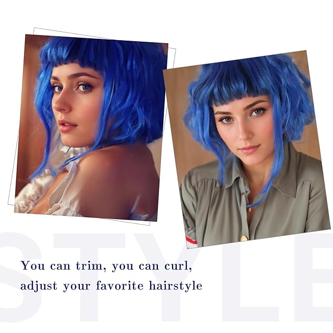 FAELBATY Bright Blue Short Wavy Wig Short Dark Blue Wigs With Air Bangs Shoulder Length Wig For Women Curly Wavy Synthetic Wig Halloween Cosplay Wig for Girls Costume Wigs (12" Bright Blue)