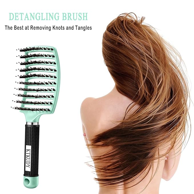 KTKUDY Detangling Brush Boar Bristles HairBrush Make Hair Shiny & Healthier Curved and Vented Detangler Brush for Women Men Kids Wet and Dry Hair (Turquoise)