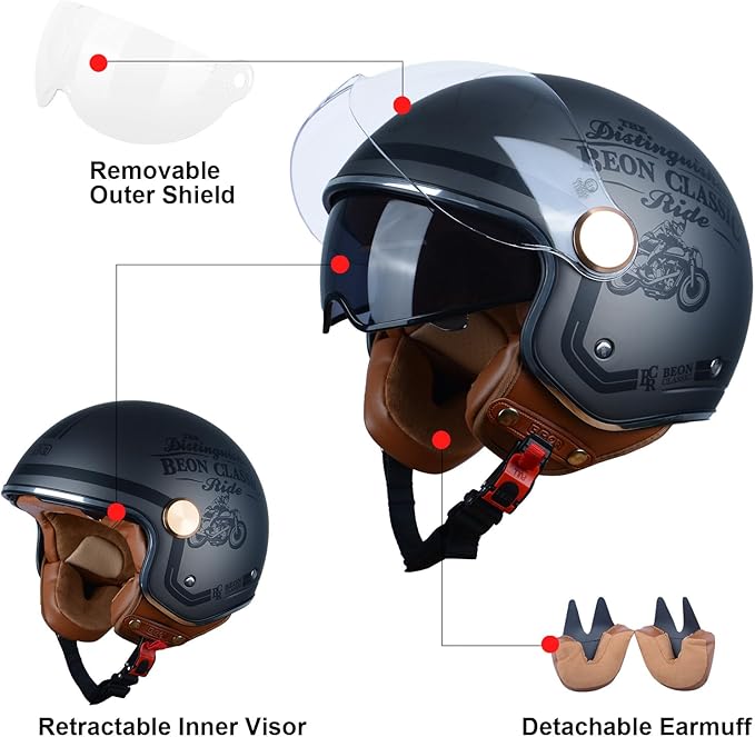 Open Face Motorcycle Helmet for Adults, DOT Approved,3/4 Retro Vespa Helmet, Dual Visors Men's and Women's Motorbike Casco for Moped Cruiser Bobber and Chopper